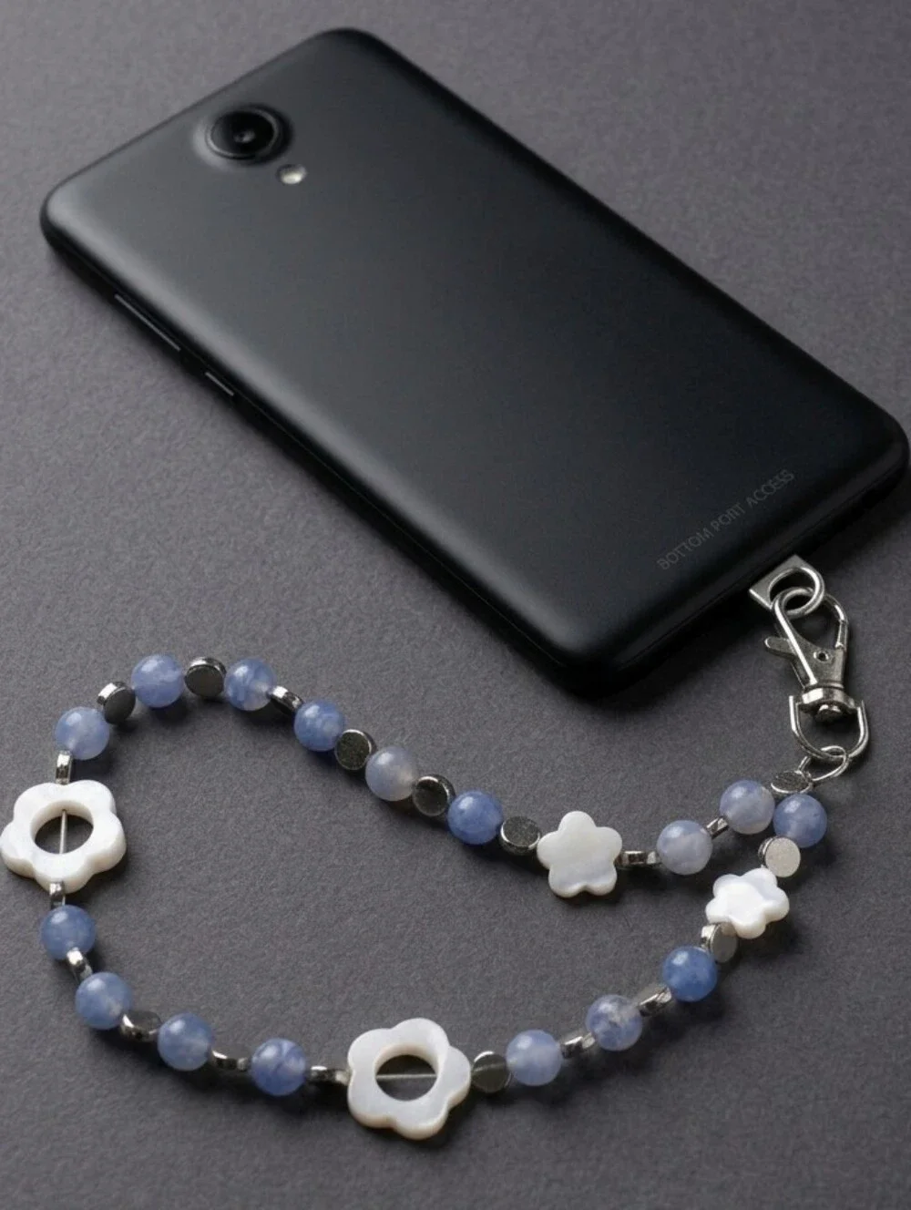 Handmade Y2K Floral Glass Bead Phone Wristlet Charm - Light Blue & White